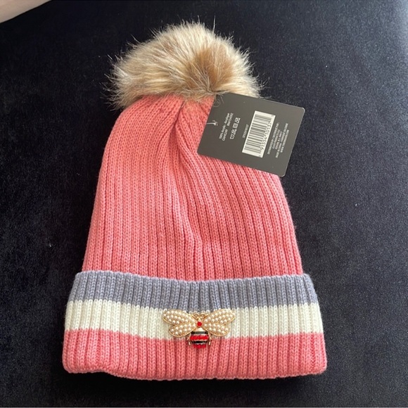 Pom Pom faux fur ribbed knit cuffed beanie hat